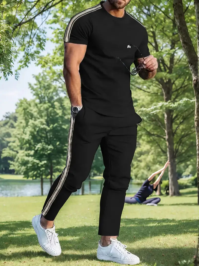 Men's Trendy Breathable Striped Short Sleeve Black / Blue Tracksuit