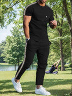 Men's Trendy Breathable Striped Short Sleeve Black / Blue Tracksuit