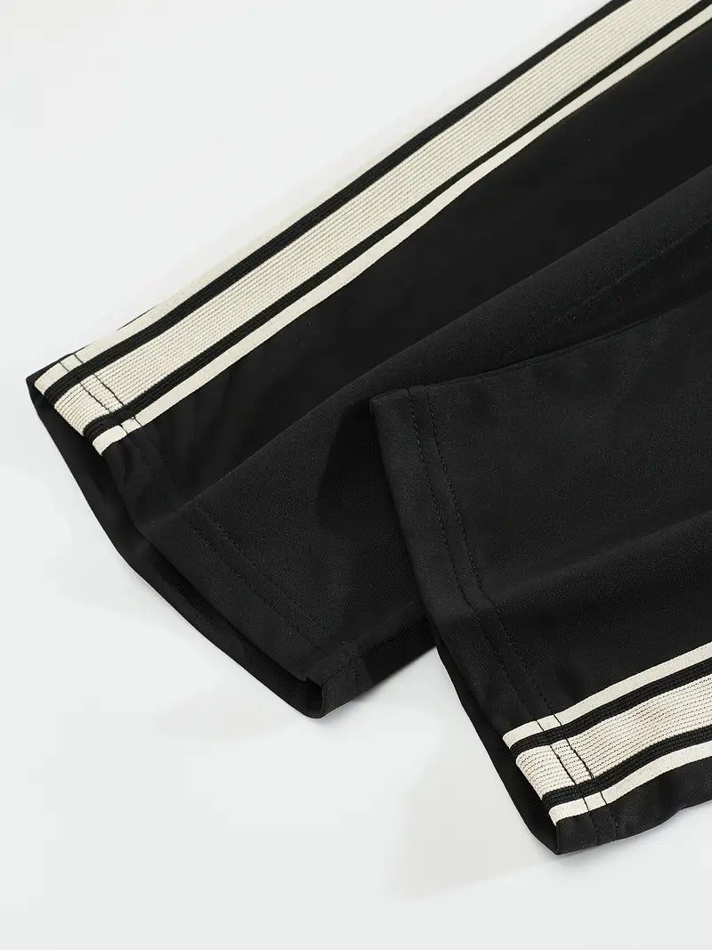 Men's Trendy Breathable Striped Short Sleeve Black / Blue Tracksuit